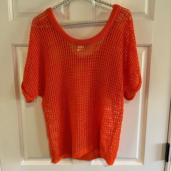 Say What Orange Wide Neck Short Sleeve Open Knit Crochet Sweater Top Size S - Picture 3 of 3